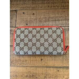 Gucci Wallet Womens Beige GG Canvas Red Leather Zip Around Continental Logo